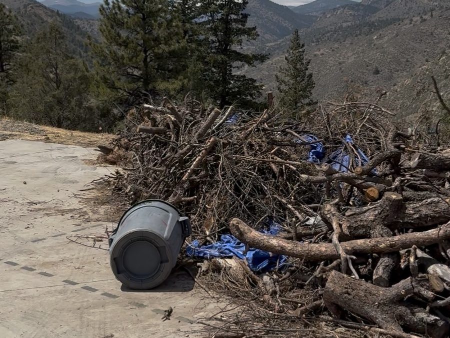 Brush and slash pile stacked on a mountain driveway before haul-off